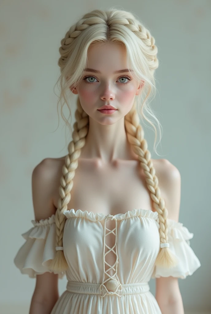 A beautiful girl with white skin, braided hair, skinny and thin arms, narrow shoulders, a gentle smile, and a perfect face looking directly at the viewer, with a flat chest and a visible belly button, slim figure