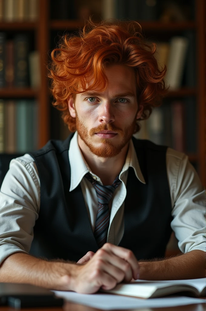 redhead man, frizzy hair, visage doux et élégant dans son bureau.
