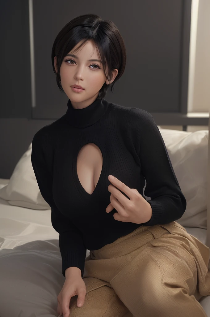 (masterpiece:1.3), (8k, Realistic, RAW Photos, Highest quality: 1.4), (One person), Beautiful Face, (Realistic Face), (Black Hair, short hair:1.3), Beautiful hairstyle, Realistic eyes, Beautiful attention to detail, (Realistic Skin), Beautiful Skin, (sweater), Absurd, Charm, Ultra-high resolution, Ultra-realistic, Very detailed, Golden Ratio,Large Breasts, Cleavage