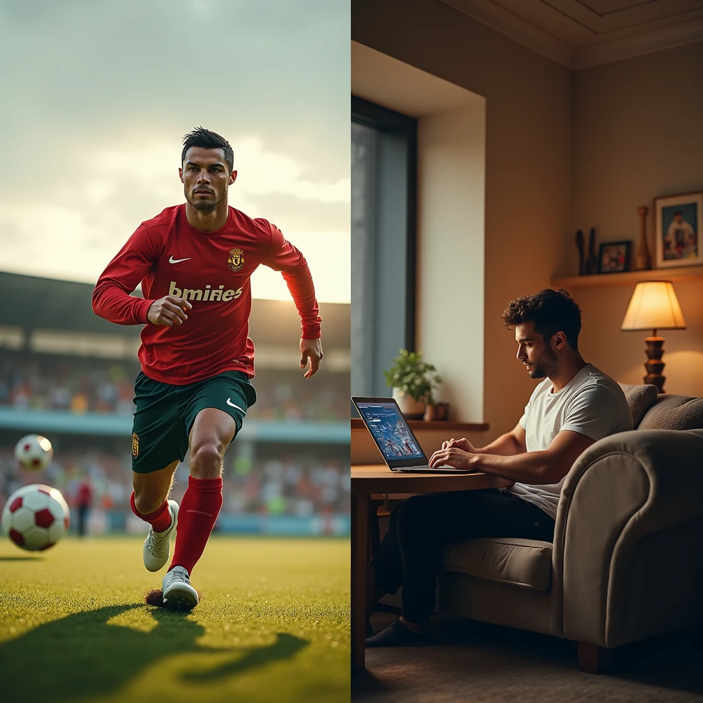 A split-screen image showing Cristiano Ronaldo training intensely on a football field on one side, and him editing video content on his laptop in a cozy home environment on the other in dall e-3 style