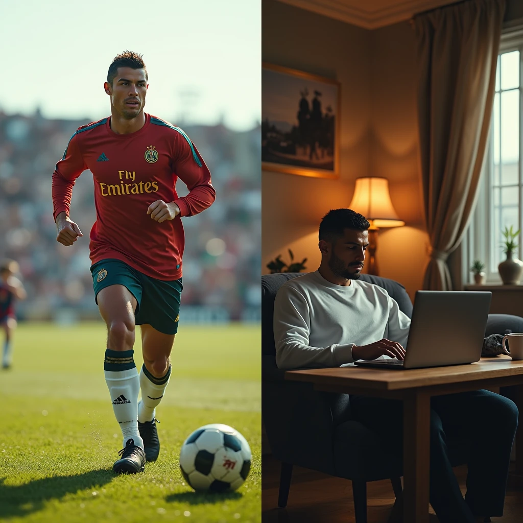 A split-screen image showing Cristiano Ronaldo training intensely on a football field on one side, and him editing video content on his laptop in a cozy home environment on the other in dall e-3 style 