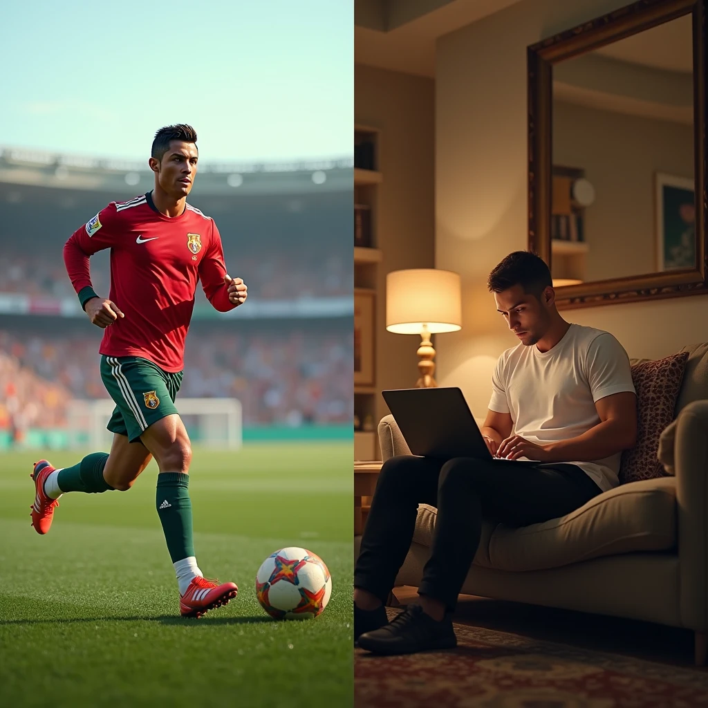 A split-screen image showing Cristiano Ronaldo training intensely on a football field on one side, and him editing video content on his laptop in a cozy home environment on the other in dall e-3 style