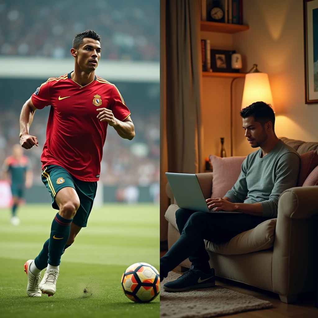 A split-screen image showing Cristiano Ronaldo training intensely on a football field on one side, and him editing video content on his laptop in a cozy home environment on the other in dall e-3 style 