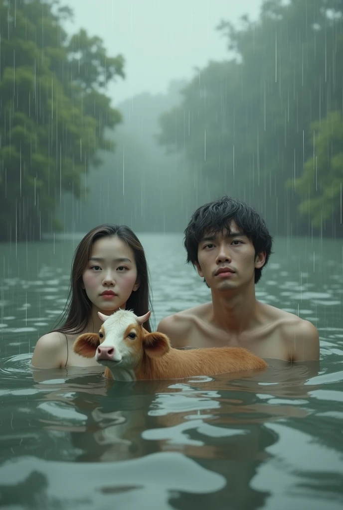 Male female baby cow floating in flood water,raining from sky