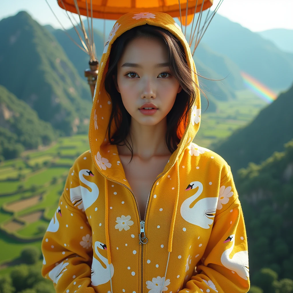 Beautiful young Korean woman with clean white skin,baju hoodie rajut emas,dihiasi motif polkadot  angsa,brown slacks,sitting in a hot air balloon,with a mountain background above the hot air balloon,Above the hot air balloon, you can see from below there are houses, rice fields, trees, waterfalls and rainbows.,Original photo,ultra realistic