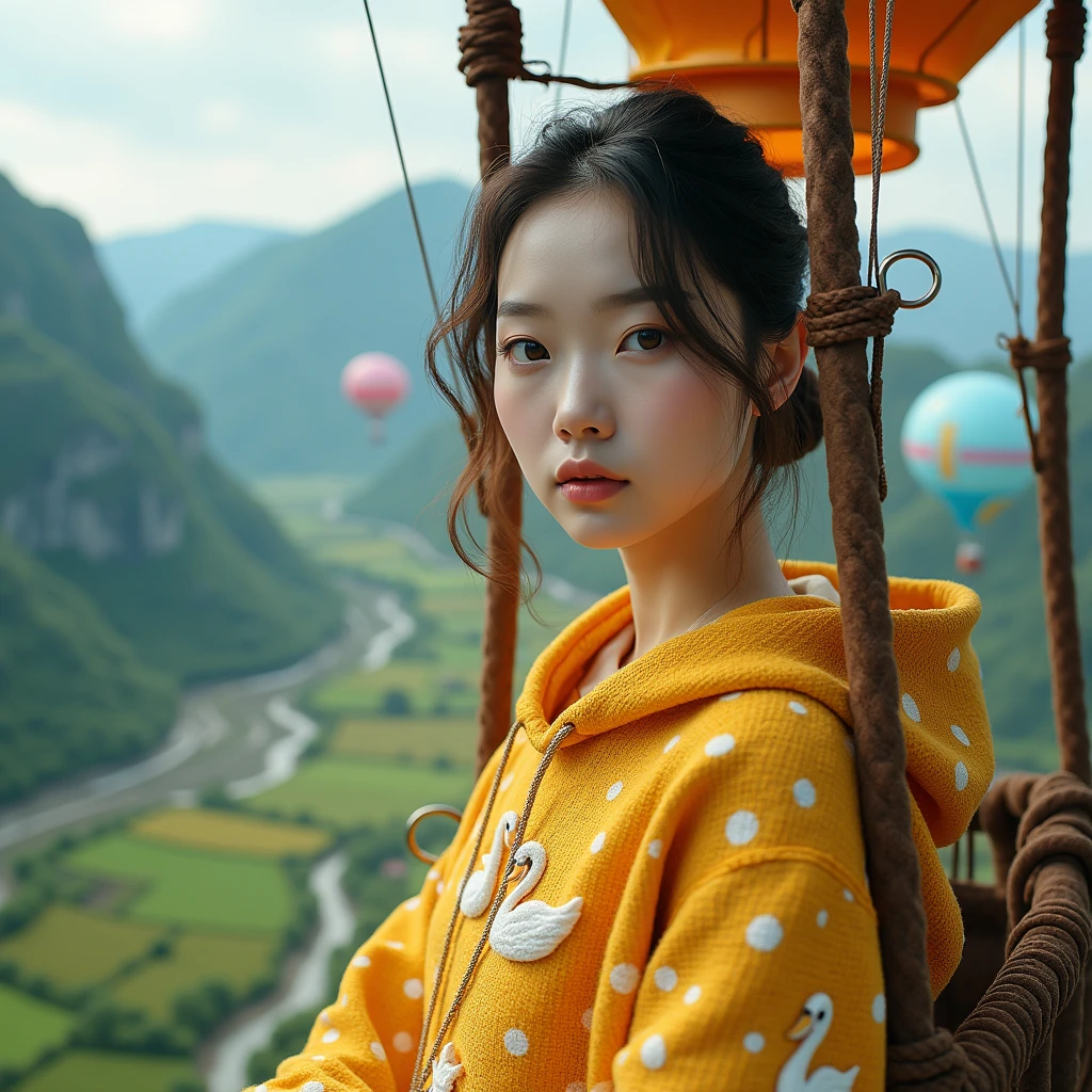 Beautiful young Korean woman with clean white skin,baju hoodie rajut emas,dihiasi motif polkadot  angsa,brown slacks,sitting in a hot air balloon,with a mountain background above the hot air balloon,Above the hot air balloon, you can see from below there are houses, rice fields, trees, waterfalls and rainbows.,Original photo,ultra realistic