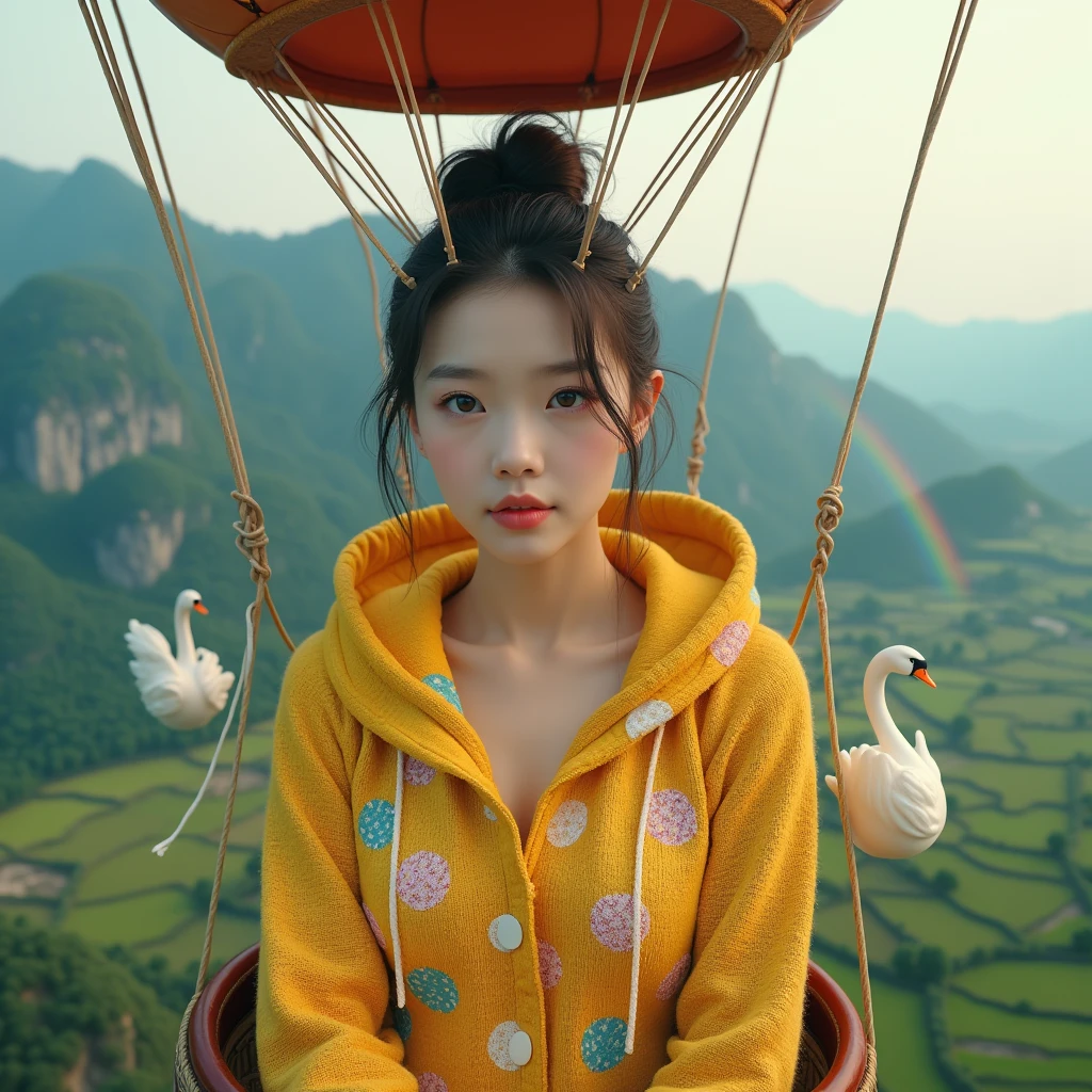 Beautiful young Korean woman with clean white skin,baju hoodie rajut emas,dihiasi motif polkadot angsa,brown slacks,sitting in a hot air balloon,with a mountain background above the hot air balloon,Above the hot air balloon, you can see from below there are houses, rice fields, trees, waterfalls and rainbows.,Original photo,ultra realistic