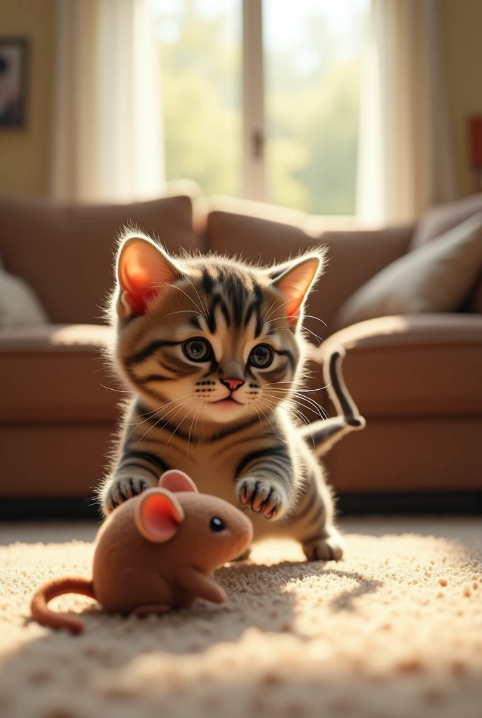 The cat plays with a stuffed mouse