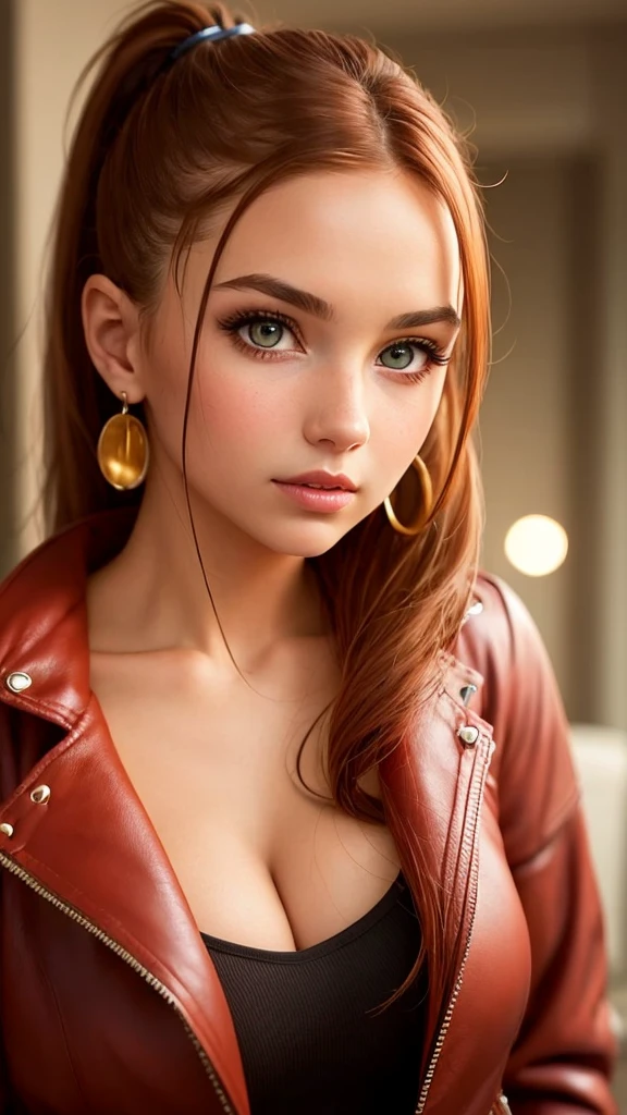 A young lady aged 16 yrs, with long bright red hair, wavy hair, with air bangs, tied up in a bun. She has green eyes. She is in a bedroom. She is wearing a red bra, and a black leather jacket, with deep cleavage. She has an athletic figure. She is wearing gold earrings. Looking directly into the camera. She has fair skin, and braces, constricted pupils, parted lips, large breasts, perfect lips, perfect nose, cute face, baby face, Hyperrealism, cinematic lighting, jpeg artifacts, bokeh, textured skin, UHD, best quality, masterpiece, high details, bust chart, close-up view