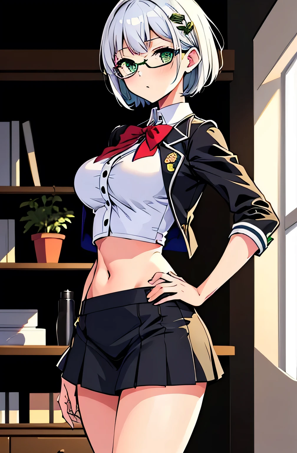 all intricate details, cientificamente: perfect body, girl 1, (masterpiece, best quality:1.2), illustration, solo, 1girl view, short hair, white hair, green eyes, short green blazer, black miniskirt, detailed background, looking at viewer, hair ornaments, indoors, sexy pose, front angle