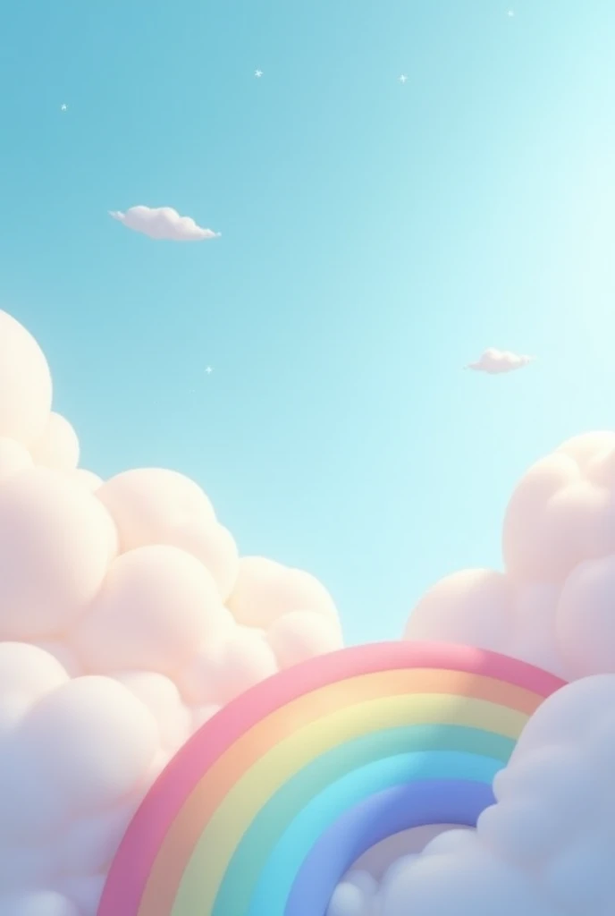 A long rainbow path above the soft pastel-toned blue sky and clouds, 3D Pixar animation style, Simple and smooth curve expression