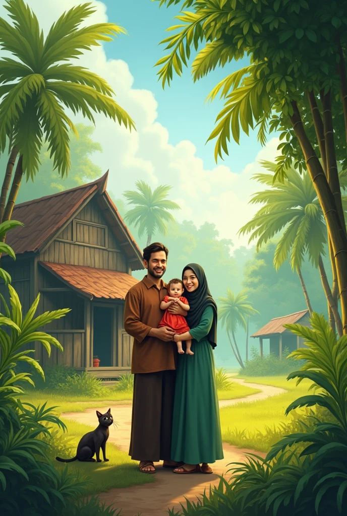 A Muslim family father & mother & her one  girl ,old house in background,mango tree,banana tree,bamboo tree in background, a cat in yard