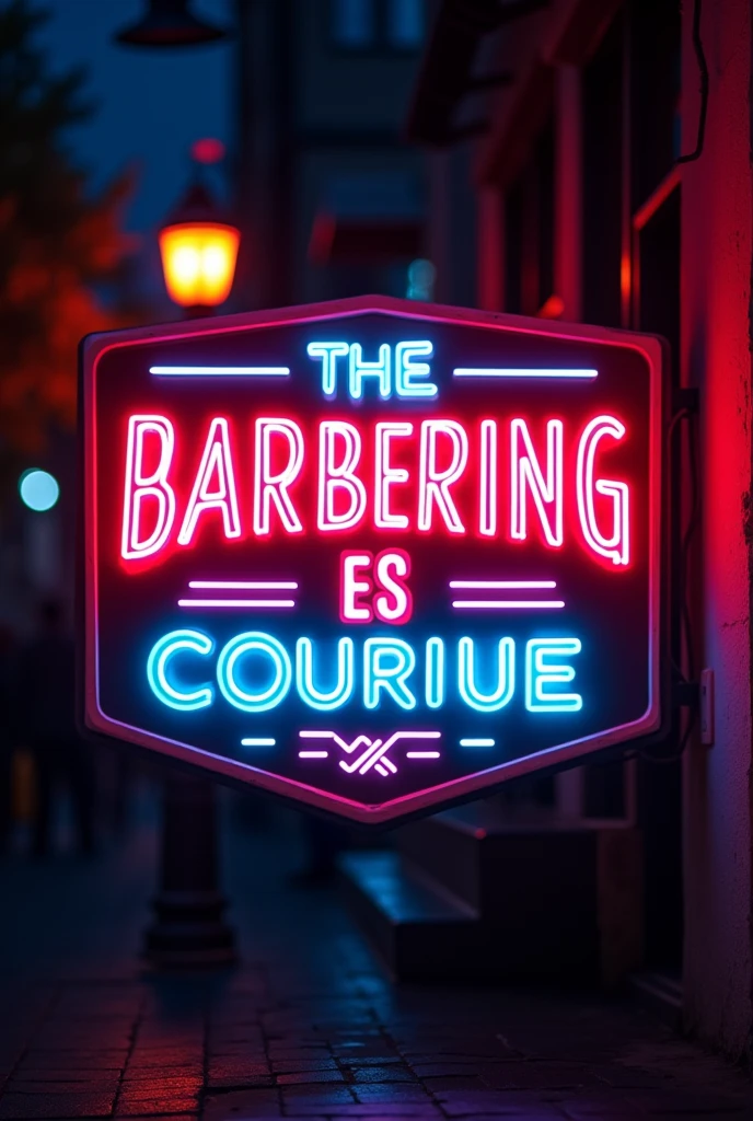 An image that says barbering course in neon letters but in Spanish