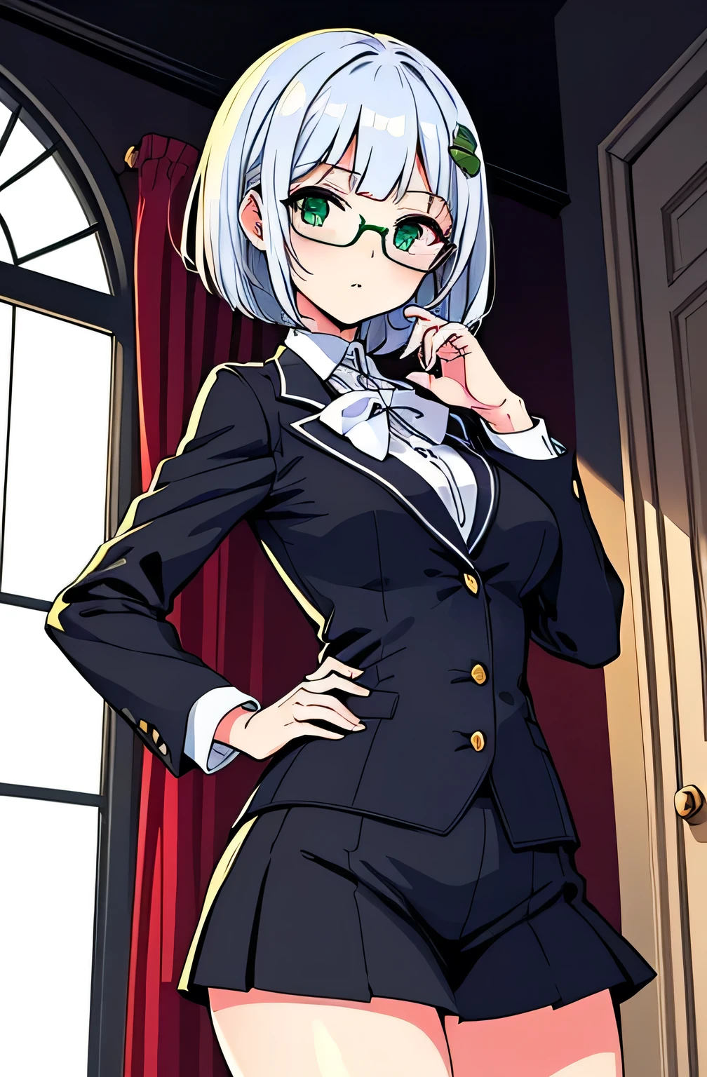 all intricate details, cientificamente: perfect body, girl 1, (masterpiece, best quality:1.2), illustration, solo, 1girl view, short hair, white hair, green eyes, short green blazer, black miniskirt, detailed background, looking at viewer, hair ornaments, indoors, sexy pose, front angle