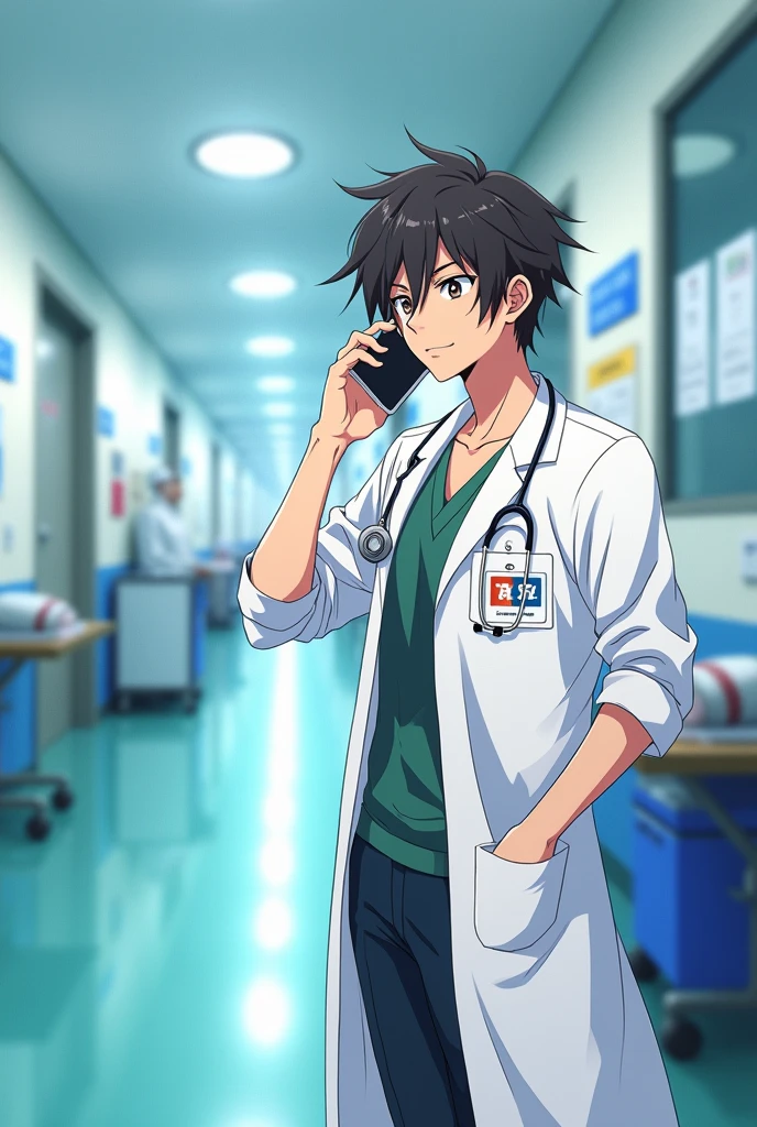 anime style image of a doctor talking on phone. hospital backround
