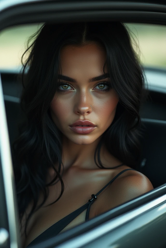 Dark hair, big lips, sexy eyes, in car, ultra realistic