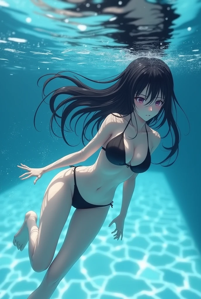 A twenty-four-year-old woman (Three-point perspective, vanishing point) is immersed in water, only her body above her shoulders, her body is looming without clothing, and petals are floating on the surface of the water. By the pool were the girl's clothes