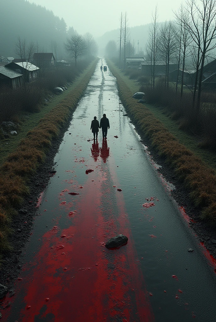 One side a road with blood and other side a village is flooding 