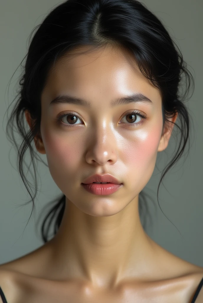 Female with Round face, small round-almond eyes, big nose, no philtrum and big lips, with small forehead