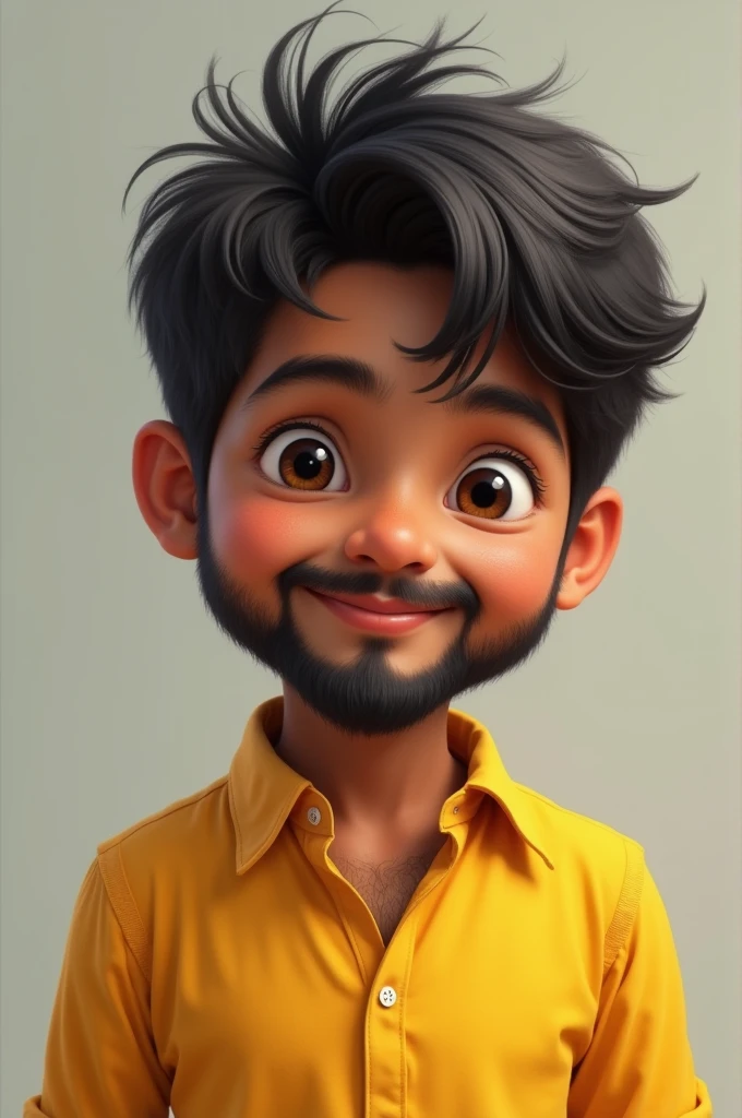 Imagine a boy with yellow shirt and boy looks like 1 and indian with small beard