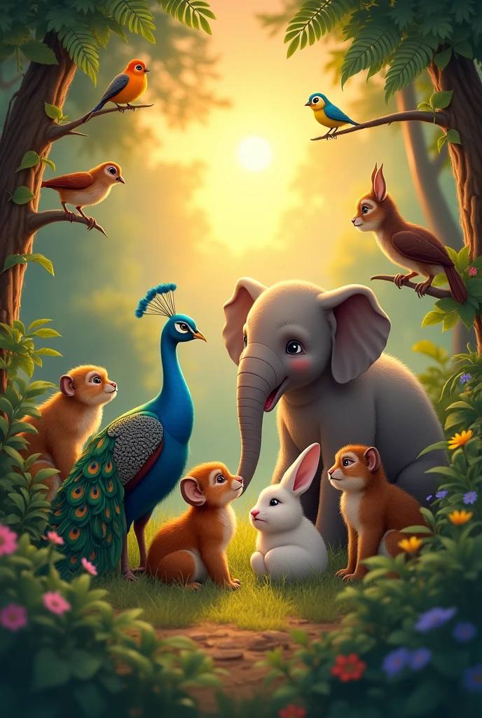 A heartwarming scene of all the jungle animals coming out of hiding, surrounding the peacock, rabbit, and elephant, showing gratitude and happiness, as the sun sets over the peaceful jungle.