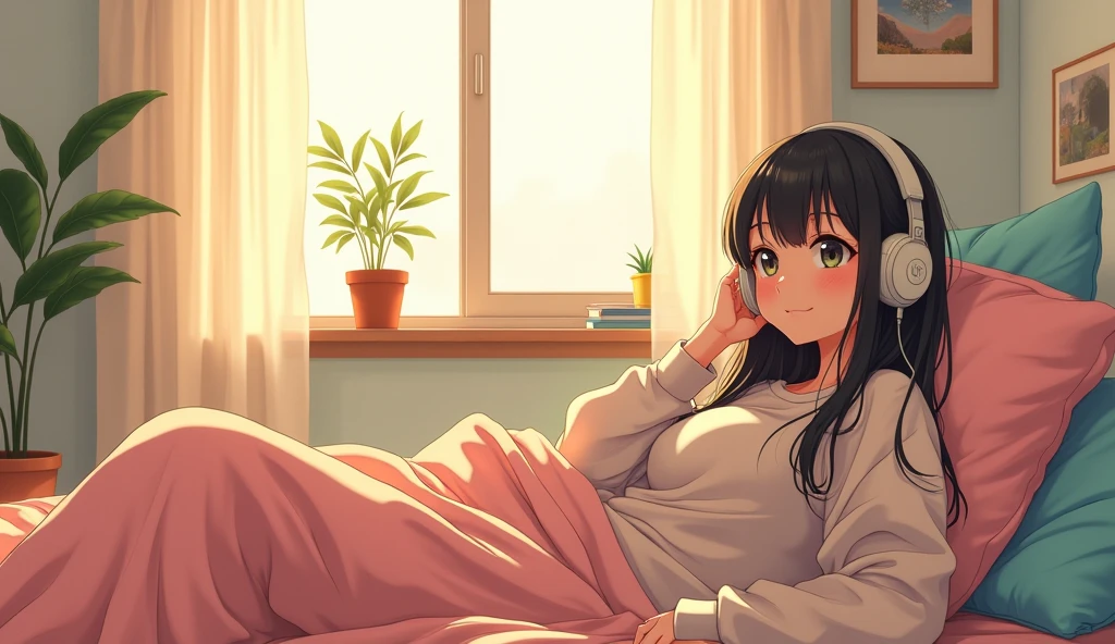 morning、Listen to music in the room、high school girl、Big Breasts、 Sweatshirt、relax、Showhair、Use headphones, Bright environment、2D-style animation, Lo-Fi、Retro、Anime style illustrations、Line art with clear outlines