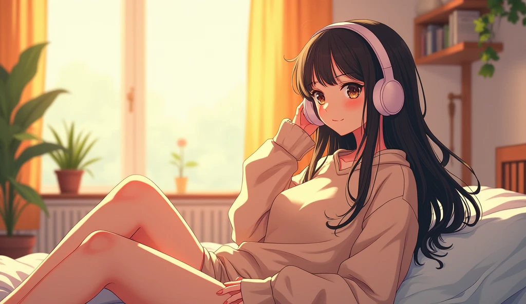 morning、Listen to music in the room、high school girl、Big Breasts、 Sweatshirt、relax、Showhair、Use headphones, Bright environment、2D-style animation, Lo-Fi、Retro、Anime style illustrations、Line art with clear outlines