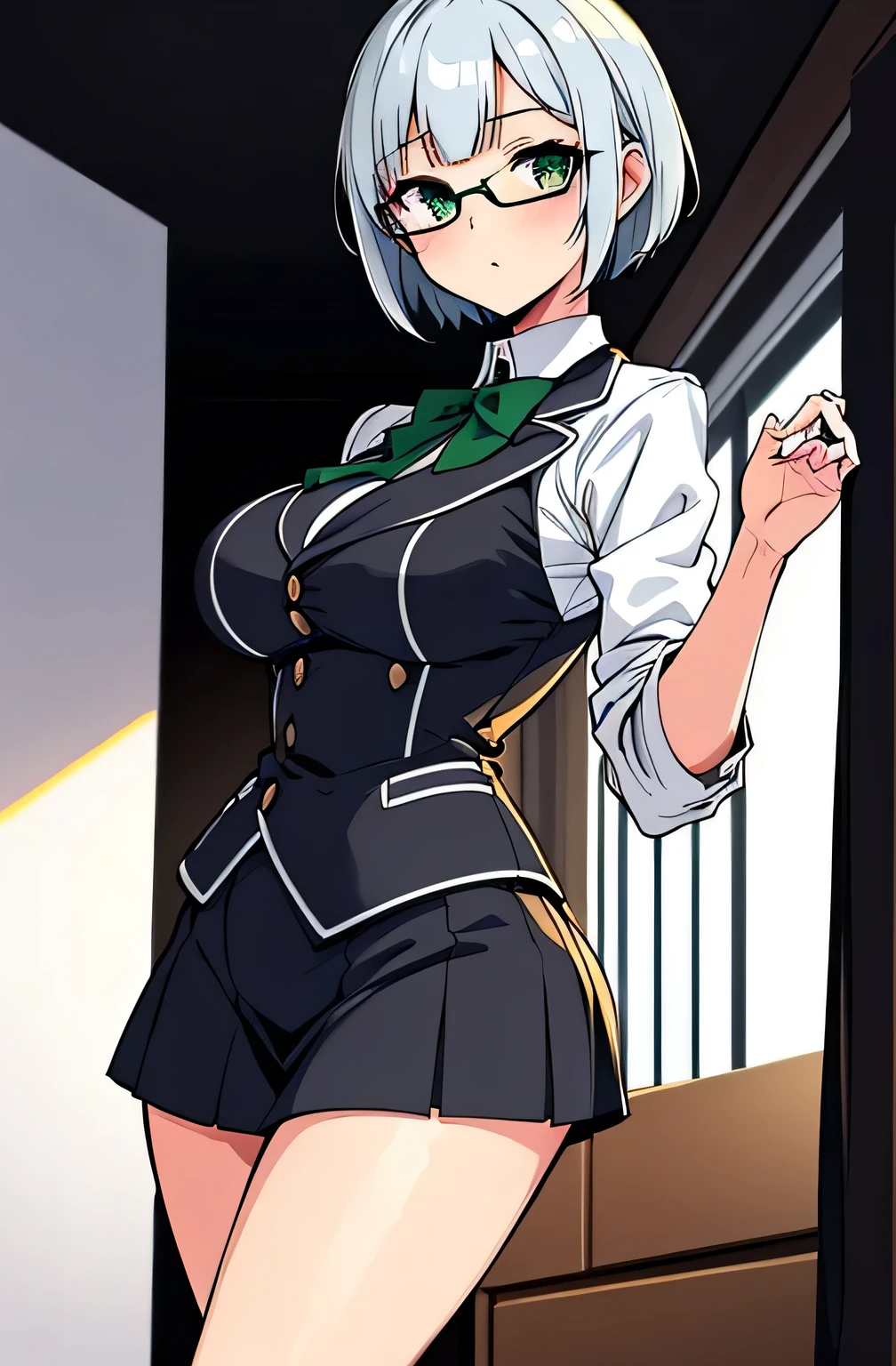 all intricate details, cientificamente: perfect body, girl 1, (masterpiece, best quality:1.2), illustration, solo, 1girl view, short hair, white hair, green eyes, short green blazer, black miniskirt, detailed background, looking at viewer, hair ornaments, indoors, sexy pose, front angle, open clothes