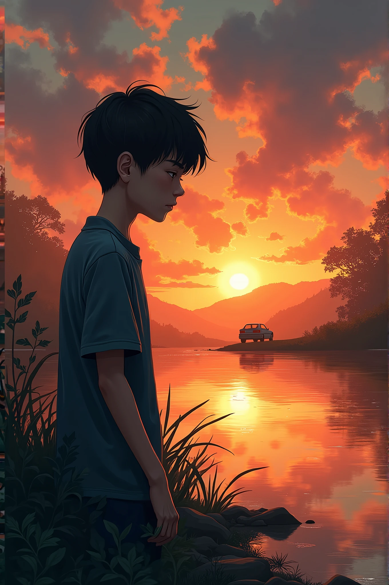 Sad boy with river and sunset and a car
