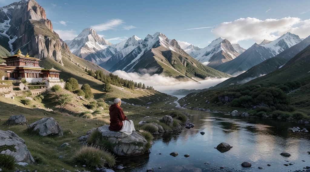 A tranquil scene of an elderly Tibetan monk meditating on a high mountain ledge surrounded by dramatic, rugged peaks. The monk is dressed in traditional Tibetan robes and has a long white beard, symbolizing wisdom and tranquility. In the background, a traditional Tibetan monastery rises on the rocks, a mountain stream and green grass. The sky is overcast with soft sunlight filtering through, creating a mystical and peaceful atmosphere. The landscape is vast and majestic, with mist swirling around the mountains, adding to the sense of isolation and serenity.