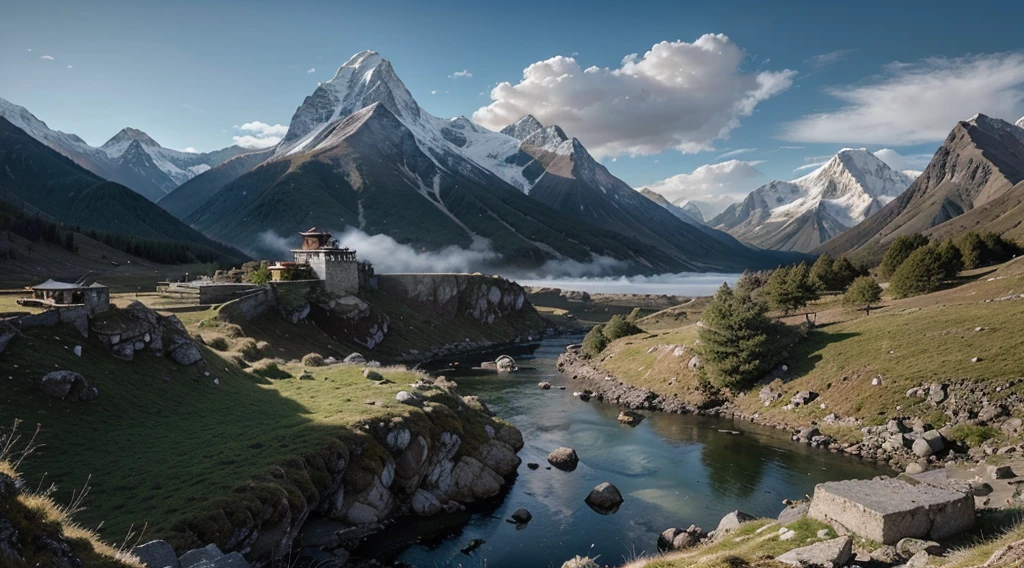 A tranquil scene of an elderly Tibetan monk meditating on a high mountain ledge surrounded by dramatic, rugged peaks. The monk is dressed in traditional Tibetan robes and has a long white beard, symbolizing wisdom and tranquility. In the background, a traditional Tibetan monastery rises on the rocks, a mountain stream and green grass. The sky is overcast with soft sunlight filtering through, creating a mystical and peaceful atmosphere. The landscape is vast and majestic, with mist swirling around the mountains, adding to the sense of isolation and serenity.