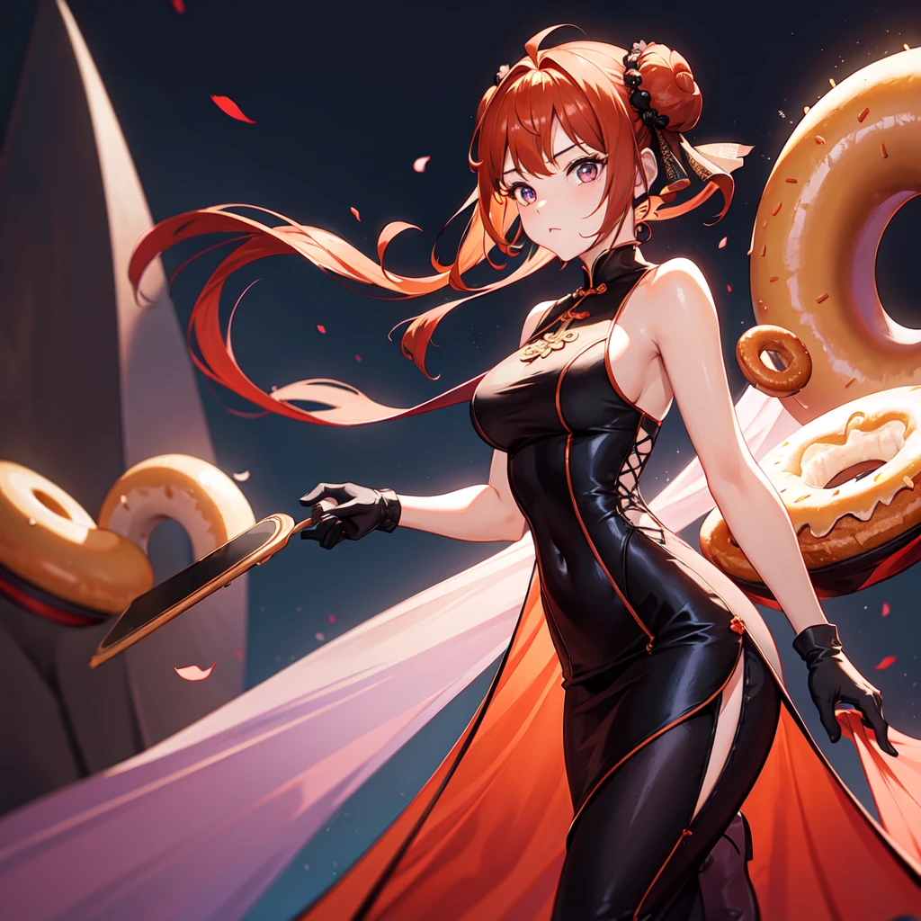 1 girl. super dark orange short bun hair. brown eyes. wearing violet chinese styled funeral dress, gloves, long flat shoes. eating donut. high res, ultrasharp, 8k, masterpiece