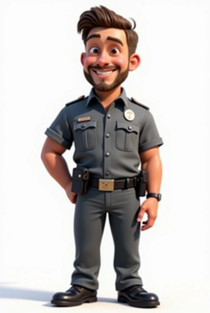 Disney Pixar poster that says the character is a man with short hair, smiling, handsome, wearing gray prison police uniform, likes wearing hats, and cotton pants, shoes, items, on his chin there is a thin beard, no mustache, 3D animation, skinny white background