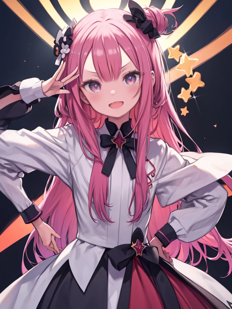 One Girl、Pink hair long hair、amount、Forehead、Red dress、Upper Body、smile、Open your mouth a little、Wink、Close one eye、amountの前でピースサイン、amountの前でVサイン、V-shaped eyebrows、Hands in front of head、Peace sign in front of the head、elbows are at head height、salute、Please put your hands on your hips、Pause、Idol、Angle from below、