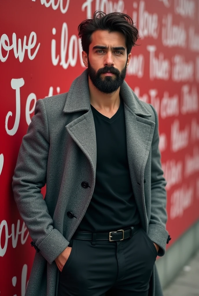 Create a realistic photo, typical Spanish man with a beard and mustache, very handsome man with a charming and deep look, green eyes, brown hair, ((full body)) hyper realistic photos, dressed with black pants , heather gray peacoat jacket background image: Le Mur des Je T'aime in PARIS (14 Pl. des Abbesses, 75018 Paris), head to toe, full body, hyper realistic photo