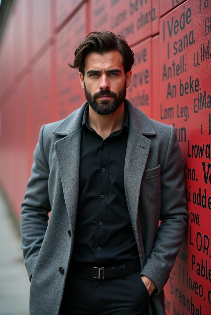 Create a realistic photo, typical Spanish man with a beard and mustache, very handsome man with a charming and deep look, green eyes, brown hair, ((full body)) hyper realistic photos, dressed with black pants , heather gray peacoat jacket background image: Le Mur des Je T'aime in PARIS (14 Pl. des Abbesses, 75018 Paris), head to toe, full body, hyper realistic photo