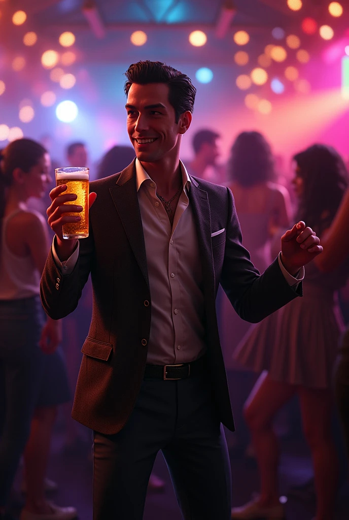 (photorealism:1.2), beer in hand dancing in night club 