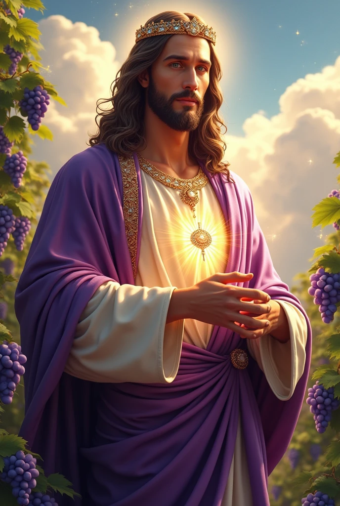 (photorealism:1.2), handsome Jesus Christ, standing straight with many grapes fruits and so many clouds all over, wearing the purple color of King elegant clothes with many diamonds and crown sparkling with light, the head and heart lighting all over, focus on face looking at the camera, nice hair, outdoors, bright lighting, so many clouds and grapes fruits in the background, so many clouds and sparkling stars all over, cozy grapes garden, relaxed pose, realistic, intricate details, bright colors,