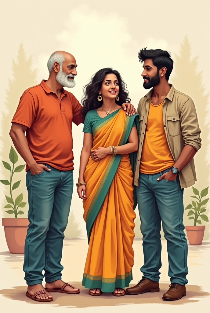 Illustrative Image of Group of three indian friends 2 male and 1 female. Age of first male is 45, fair color, short hair, clean shaved, height of 6 ft. second male is 26 year old with normal hairs, normal beard, height is 6.1. girl's age is 30 year, height of 5.6 ft, little brown color, curly hair