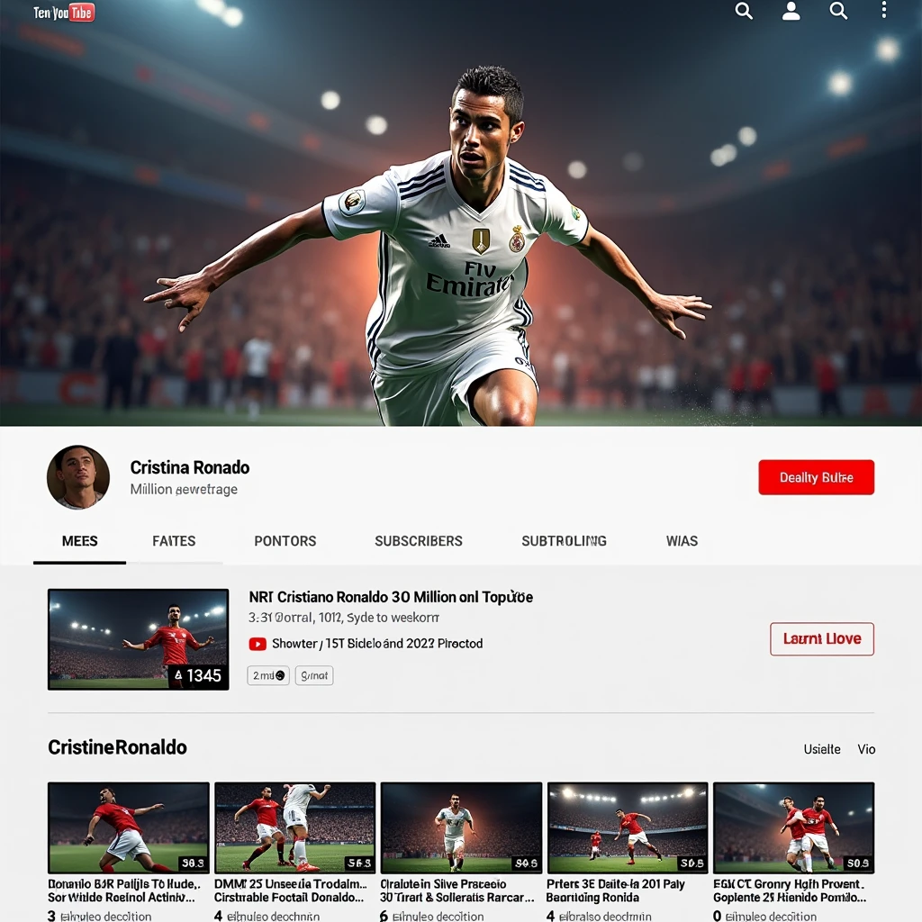 A YouTube channel page with Cristiano Ronaldo’s name and a banner image of him playing football, with millions of subscribers and views displayed prominently. The video thumbnails show glimpses of his life, training sessions, and match highlights in dall e-3 style 