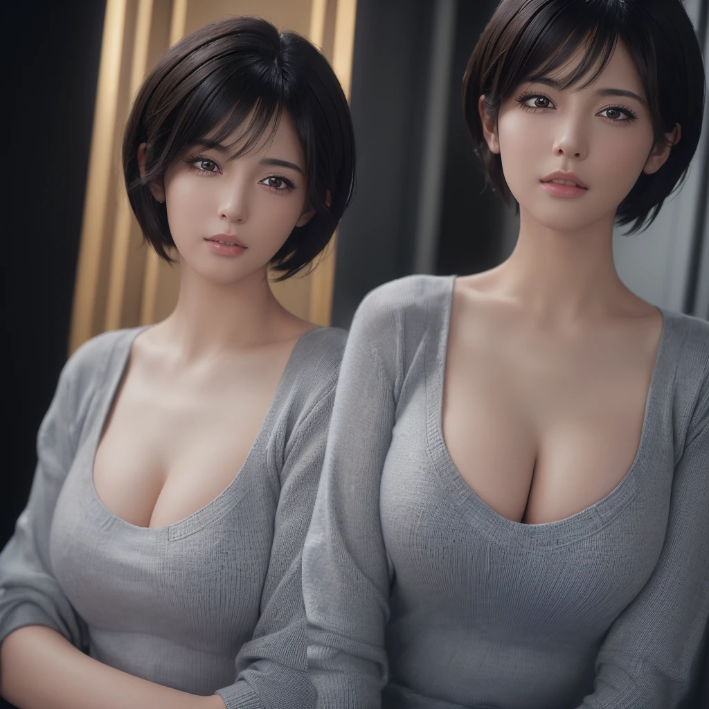 (masterpiece:1.3), (8k, Realistic, RAW Photos, Highest quality: 1.4), (One person), Beautiful Face, (Realistic Face), (Black Hair, short hair:1.3), Beautiful hairstyle, Realistic eyes, Beautiful attention to detail, (Realistic Skin), Beautiful Skin, (sweater), Absurd, Charm, Ultra-high resolution, Ultra-realistic, Very detailed, Golden Ratio,Large Breasts, Cleavage