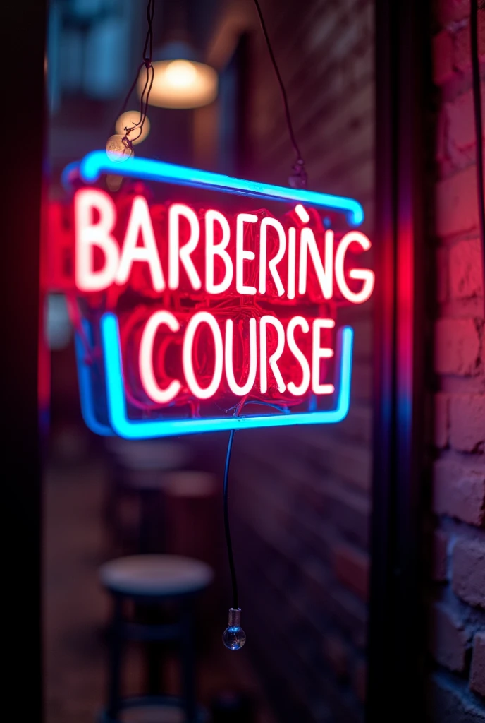 An image that says barbering course in neon letters but in Spanish