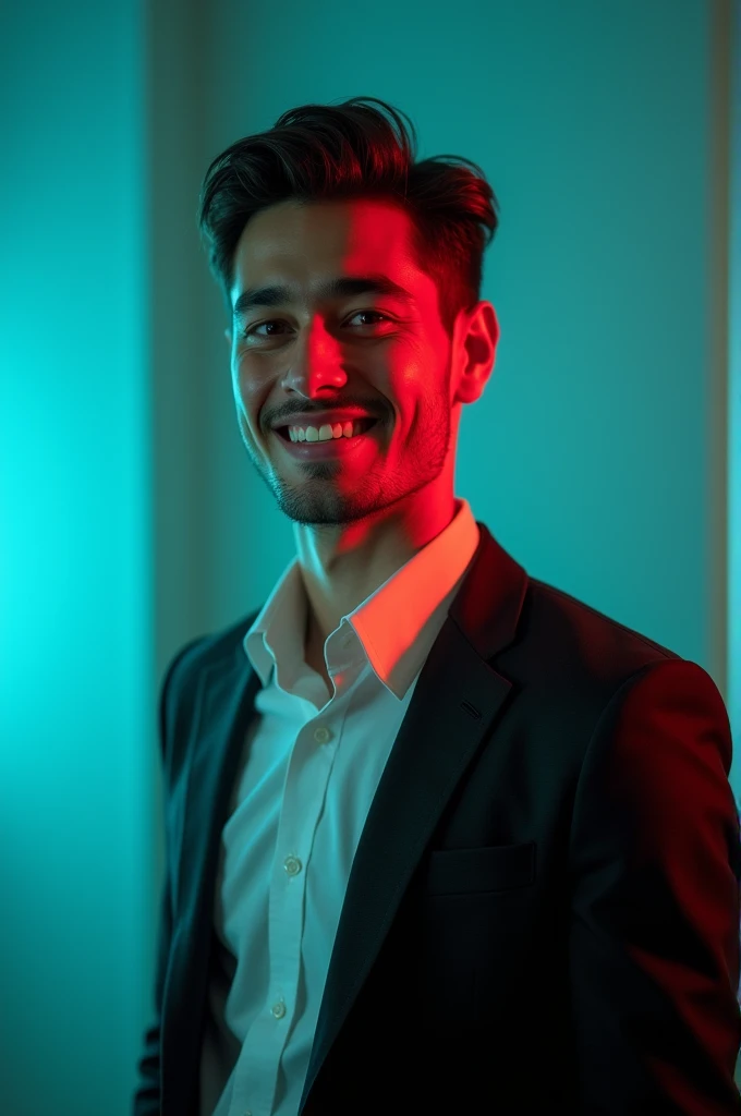A young man with dark hair and a confident smile. He is dressed in a black blazer over a white shirt. The man is positioned against aqua colour backdrop with a subtle red lighting on the left side. and he posing for Linkedin profile