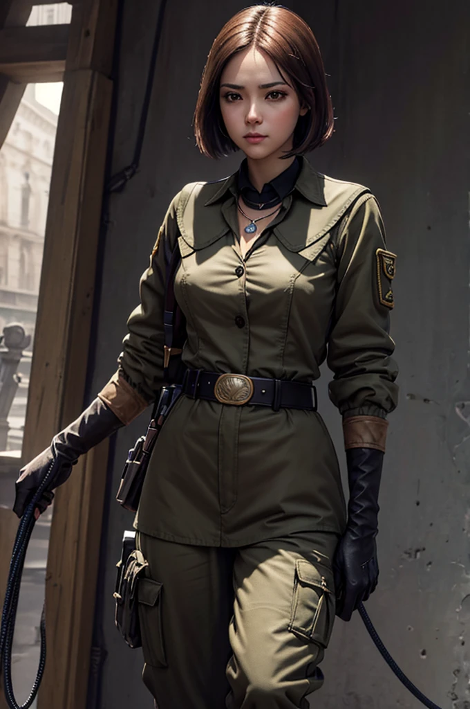 (masterpiece, best quality, high resolution, Unity 8k Wallpaper, Extremely detailed CG:1), (illustration:1.0), 1 Girl,Solitary, whip, Gloves, uniform, army, army ,belt, Necklace, Pants