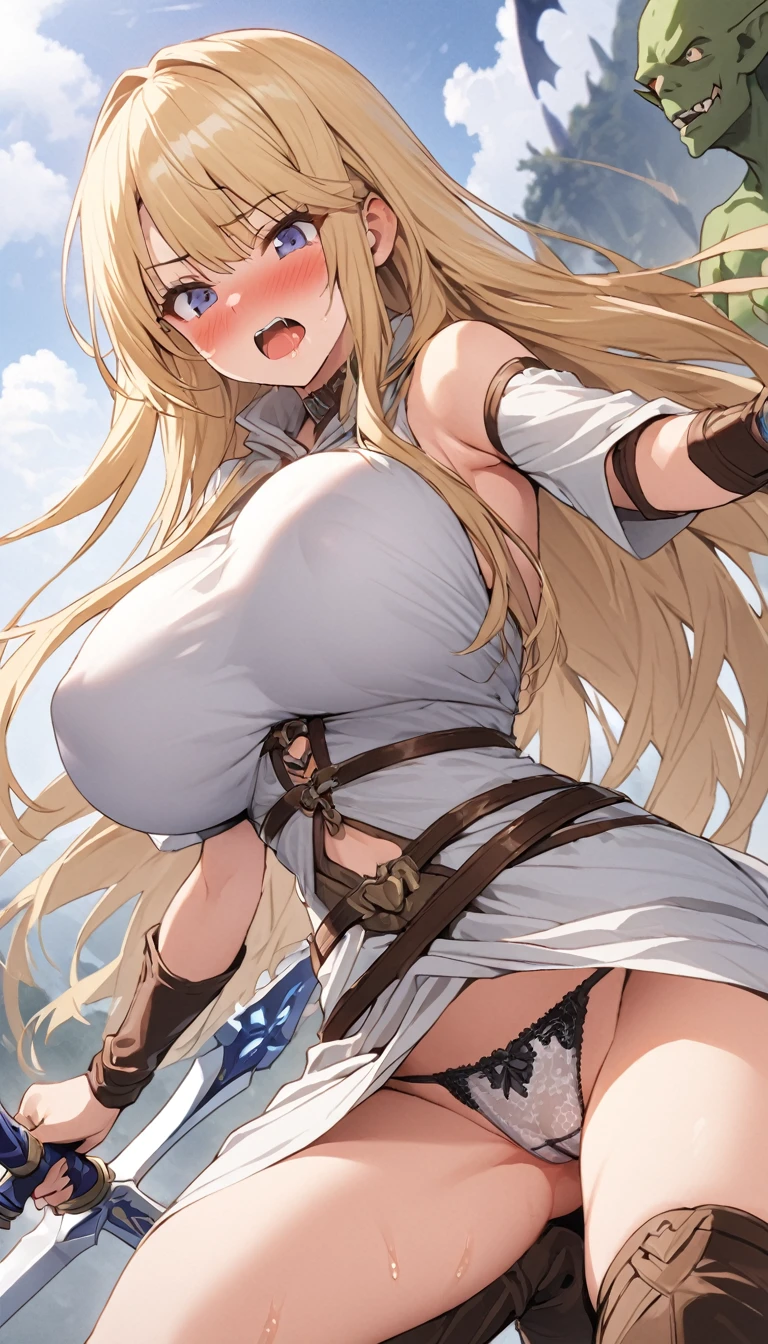Ultra-high definition image quality、beautiful girl、Female Swordsman、Light Armor、Greeboots、Long Hair、blonde、20-year-old、Be confident々face、Very short tight skirt、Sexy posture、Cowgirl、wilderness、Highest quality,Big Ass、Big Breasts、Thighs、Holy Sword Excalibur、pure white, Richly decorated panties、Her hair is fluttering in the wind、Big Ass、Valkyrie the War Maiden、Crotch close-up、Angle from directly below、Squat with your legs apart、Squat with your legs apart、Shift panties and insert penis、Sex、Cowgirl、Inserting a penis into the vagina、感じているface、blush、Intense hip piston、Amazingly swaying breasts、Raped by Goblins、Goblin's penis、ゴブリンとSex