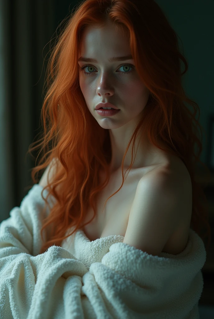 Une très grande fille suédoise aux cheveux roux et soyeux, claquer, yeux verts, , jeune, peau pâle, ultra haute résolution, UHD, (photoréaliste:1.4), visage de poupée, dans une pièce sombre, éclairage dramatique, pleurs, coup de torse, une serviette enroulée autour de son corps