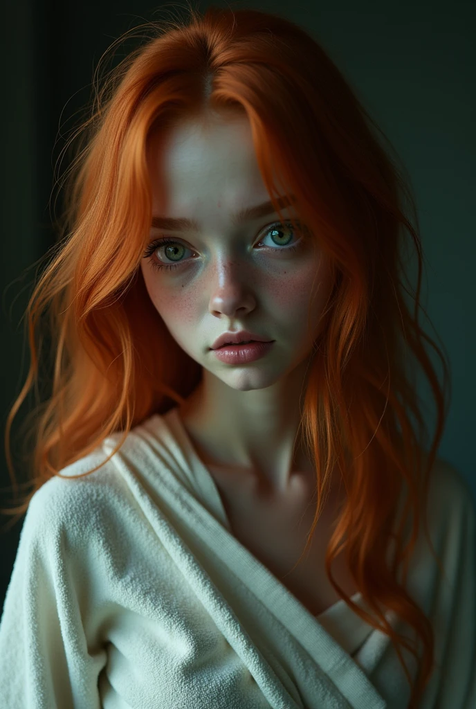 Une très grande fille suédoise aux cheveux roux et soyeux, claquer, yeux verts, , jeune, peau pâle, ultra haute résolution, UHD, (photoréaliste:1.4), visage de poupée, dans une pièce sombre, éclairage dramatique, pleurs,  coup de torse, une serviette enroulée autour de son corps