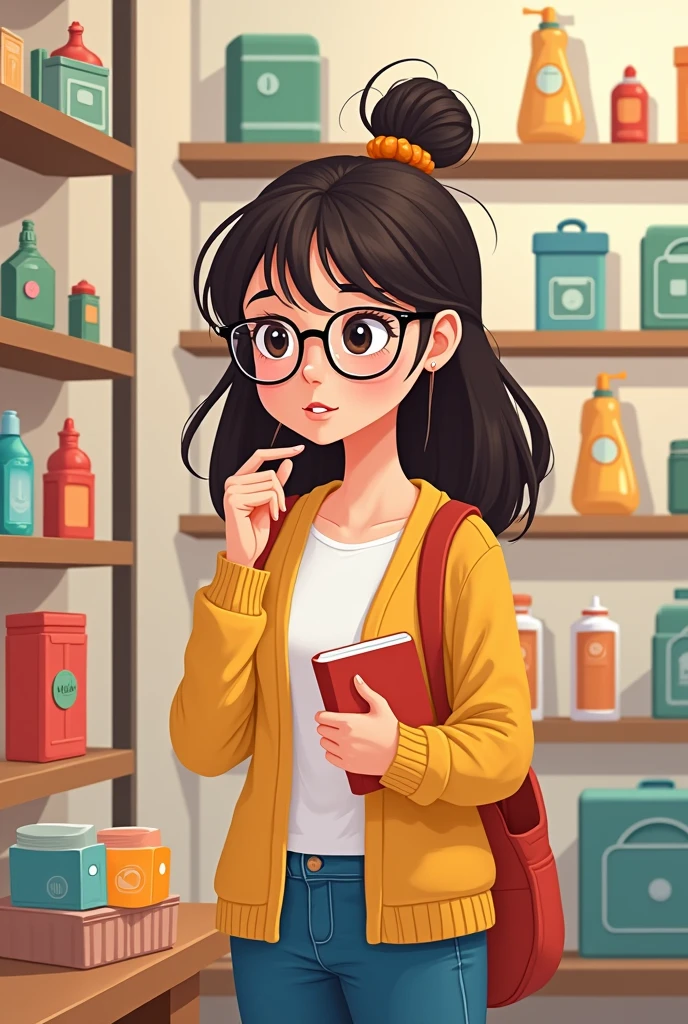 Make a girl cartoon drawing about a wise and intelligent consumer buying a good products