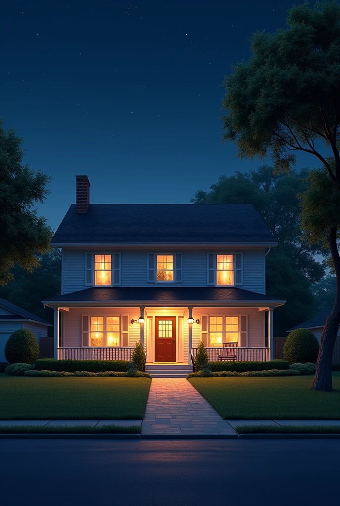 A realistic outside view of a suburban house with open lights and no people at night