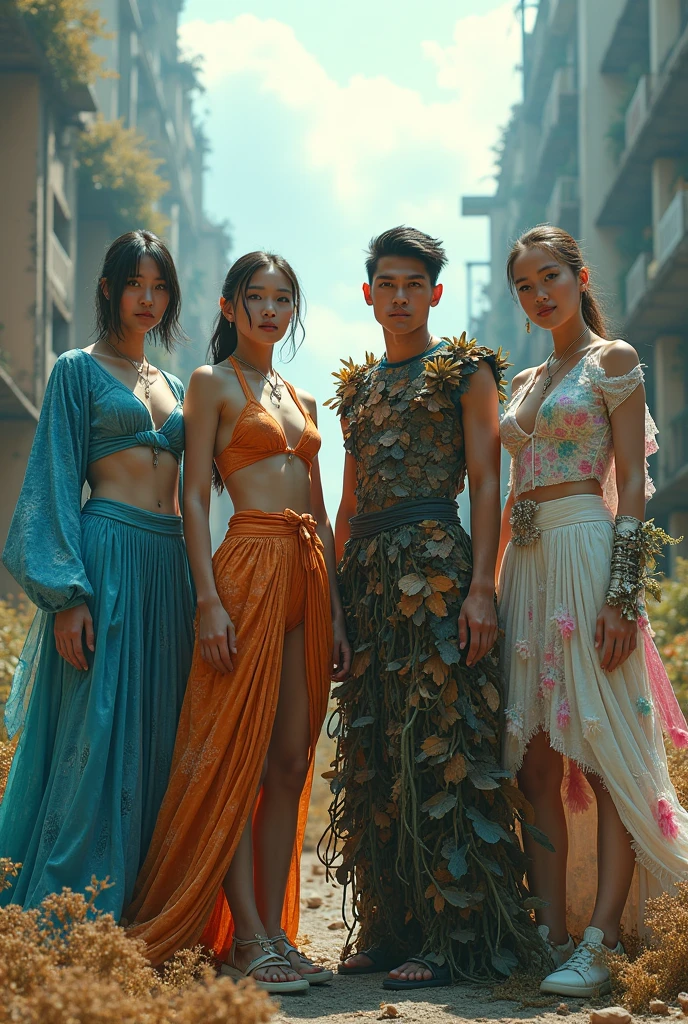 {subject: Four young resistance fighters, two women and two men, standing united in a dystopian environment, fighting against capitalism to protect the environment. Each character's outfit is inspired by different elements of nature: one is inspired by water, wearing flowing, blue-toned fabrics with wave-like patterns and reflective surfaces; another is inspired by wood, with earthy, textured materials resembling bark and leaves, incorporating shades of brown and green; the third is inspired by the ocean and coral reefs, featuring vibrant, coral-like structures in shades of orange, pink, and deep blue; the fourth is inspired by air, with light, airy fabrics in white and pastel hues, adorned with feathers and wind-inspired designs. Each outfit is made from recycled materials, symbolizing their commitment to preserving the planet. They stand together with proud, determined expressions, ready to defend the rights of nature} {image type: photorealistic cinematic style} {environment/background: dystopian urban setting with crumbling buildings overgrown with wild vegetation, and elements of nature reclaiming the space. The sky is a mix of smog and natural light, with beams of sunlight breaking through the clouds} {art styles: futuristic eco-punk, nature-inspired fashion, high-concept editorial photography} {lighting: soft natural light filtering through the overcast sky, highlighting the textures and colors of their nature-inspired outfits, with dramatic shadows enhancing the dystopian atmosphere} {camera: wide-angle shot capturing all four fighters in full view, slightly low angle for a powerful, unified appearance} {resolution: ultra-high-definition, 8K render, with intricate detail on the clothing, accessories, and surrounding environment}